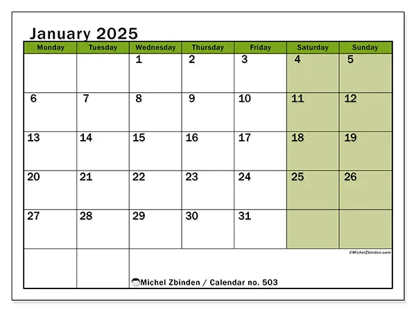 Free printable calendar no. 503 for January 2025. Week: Monday to Sunday.