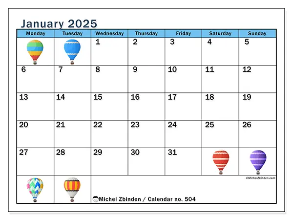 Free printable calendar no. 504 for January 2025. Week: Monday to Sunday.