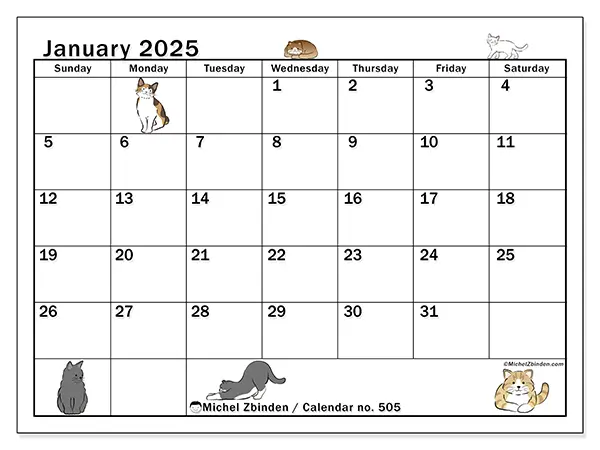 Free printable calendar no. 505 for January 2025. Week: Sunday to Saturday.