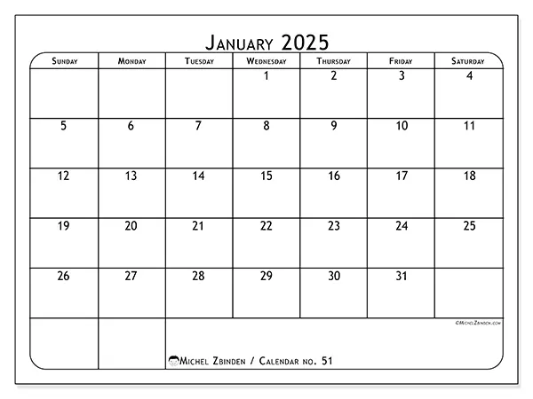 Free printable calendar no. 51, January 2025. Week:  Sunday to Saturday