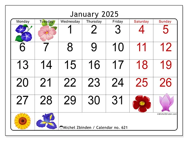 Free printable calendar no. 621 for January 2025. Week: Monday to Sunday.