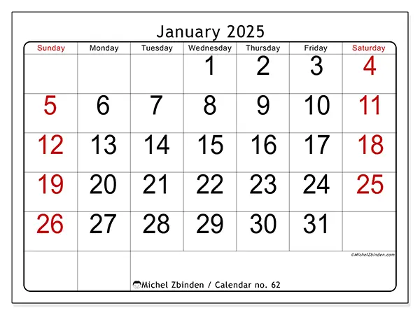 Free printable calendar no. 62 for January 2025. Week: Sunday to Saturday.