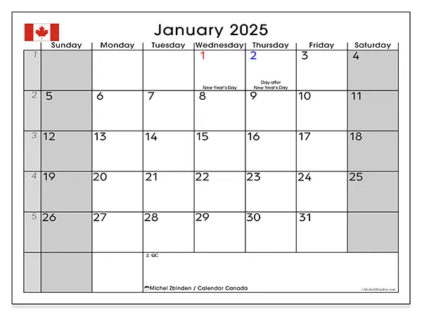 Free printable calendar Canada, January 2025. Week:  Sunday to Saturday