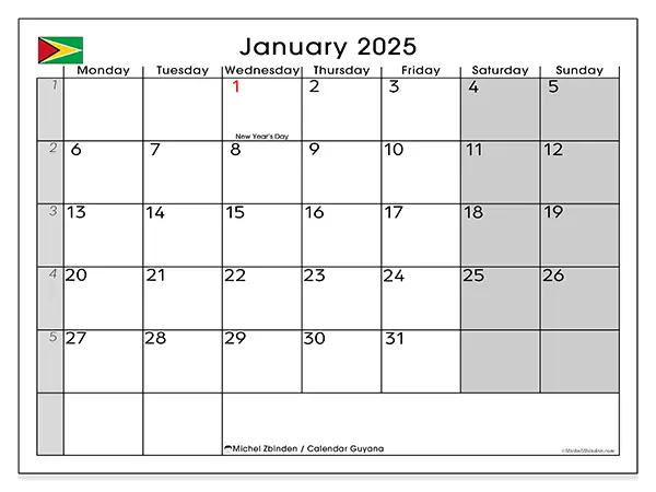 Free printable calendar Guyana for January 2025. Week: Monday to Sunday.