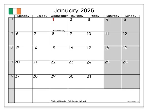 Free printable calendar Ireland for January 2025. Week: Monday to Sunday.
