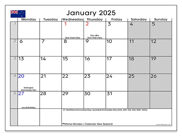 Free printable calendar New Zealand for January 2025. Week: Monday to Sunday.