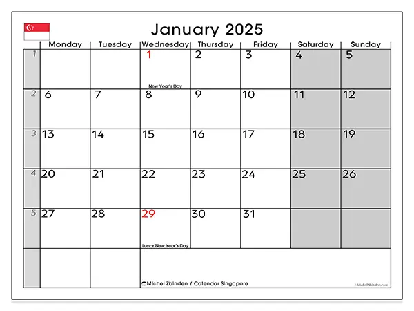 Free printable calendar Singapore for January 2025. Week: Monday to Sunday.