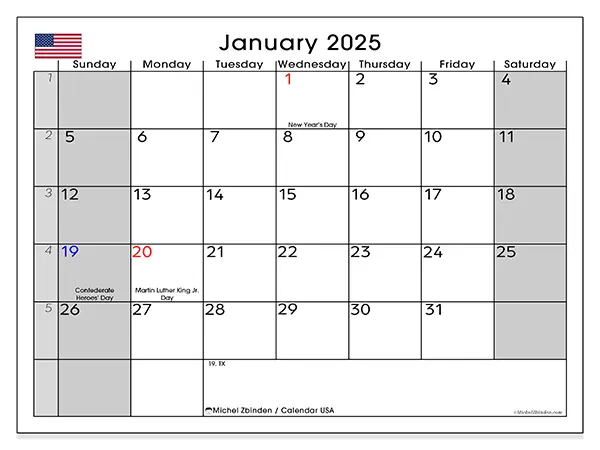 Free printable calendar USA, January 2025. Week:  Sunday to Saturday
