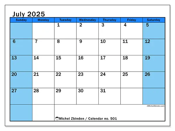 Free printable calendar no. 501, July 2025. Week:  Sunday to Saturday