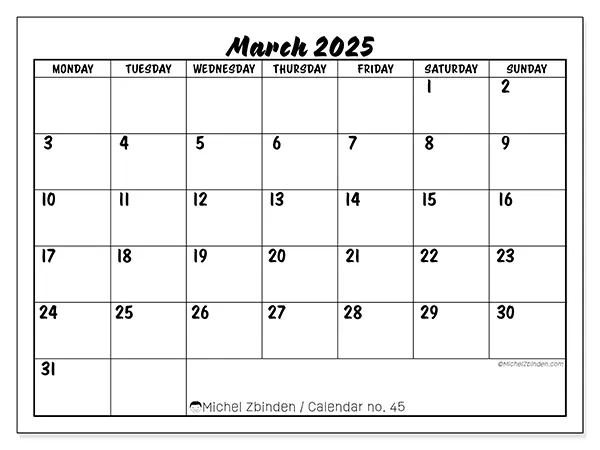 Printable calendar no. 45, March 2025