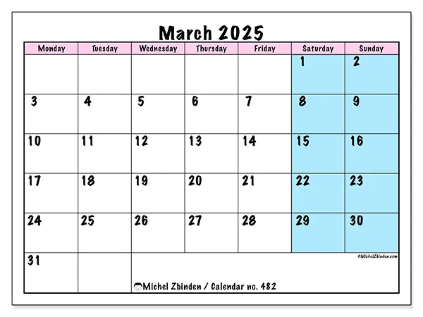 Printable calendar no. 482, March 2025
