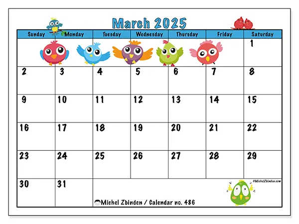 Printable calendar no. 486, March 2025