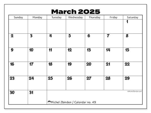 Printable calendar no. 49, March 2025