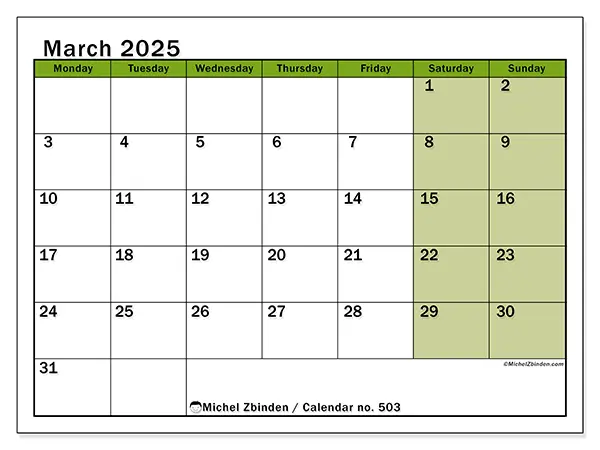 Free printable calendar no. 503 for March 2025. Week: Monday to Sunday.