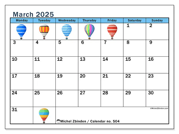 Printable calendar no. 504, March 2025