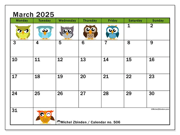 Printable calendar no. 506, March 2025