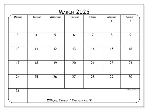 Printable calendar no. 51, March 2025