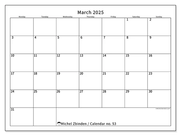 Printable calendar no. 53, March 2025