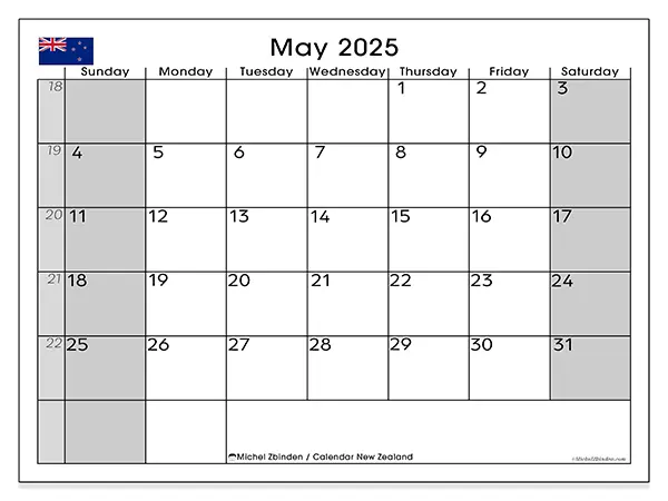 Free printable calendar New Zealand, May 2025. Week:  Sunday to Saturday
