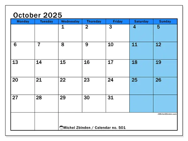 Free printable calendar no. 501, October 2025. Week:  Monday to Sunday