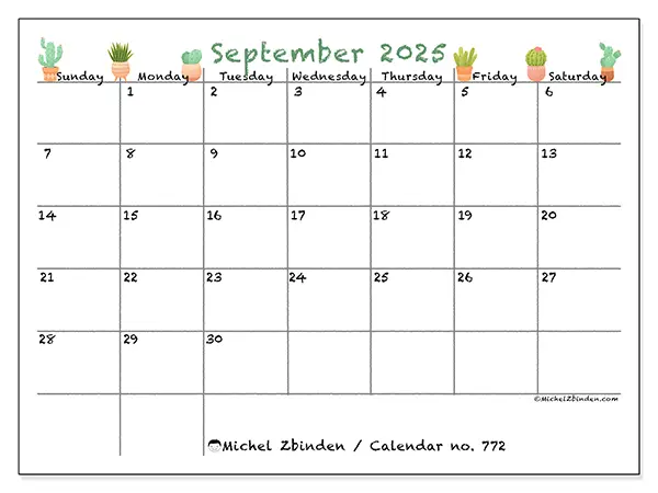 Free printable calendar no. 772, September 2025. Week:  Sunday to Saturday