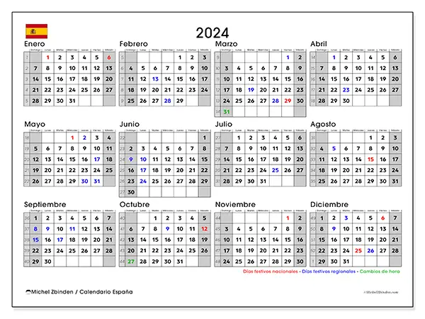 Calendario España para 2024 para imprimir gratis. Semana: De domingo a sábado.