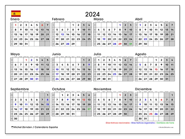 Calendario España para 2024 para imprimir gratis. Semana: De lunes a domingo.