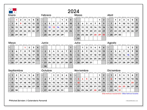 Calendario Panamá para 2024 para imprimir gratis. Semana: De domingo a sábado.