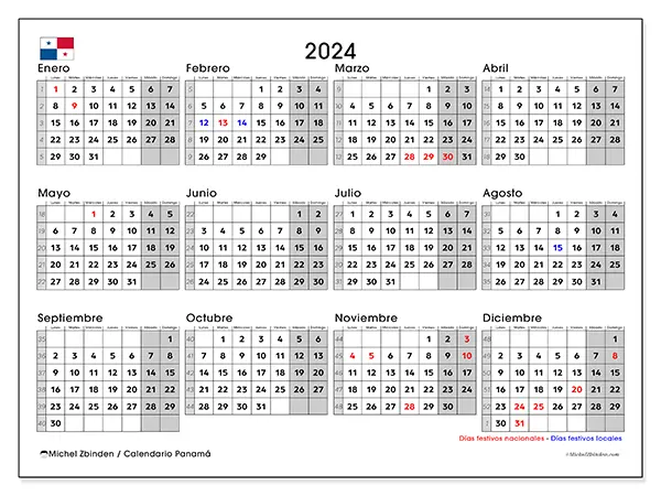 Calendario Panamá para 2024 para imprimir gratis. Semana: De lunes a domingo.