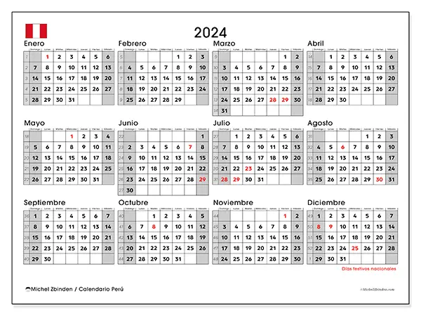 Calendario Perú para 2024 para imprimir gratis. Semana: De domingo a sábado.