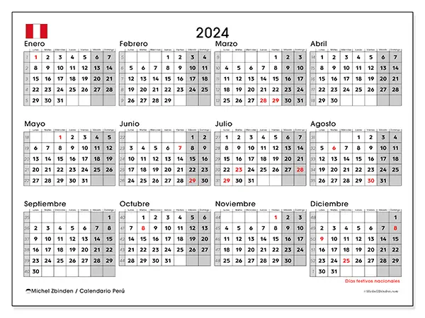 Calendario Perú para 2024 para imprimir gratis. Semana: De lunes a domingo.