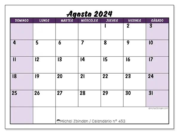 Calendario para imprimir n° 453, agosto de 2024
