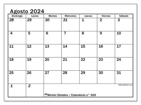 Calendario para imprimir n° 500, agosto de 2024