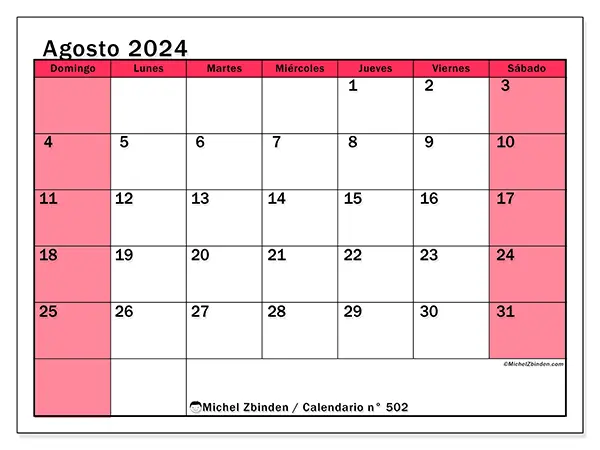 Calendario para imprimir n° 502, agosto de 2024