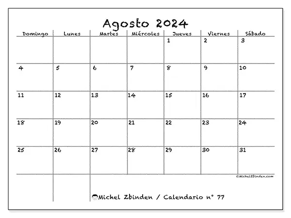 Calendario para imprimir n° 77, agosto de 2024