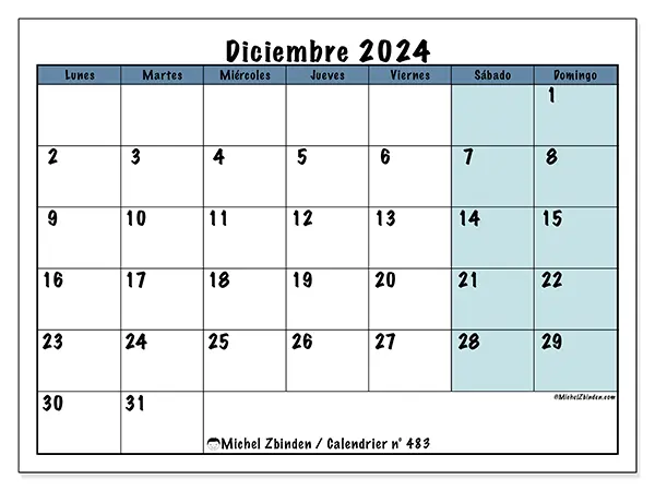 Calendario para imprimir n° 483, diciembre de 2024