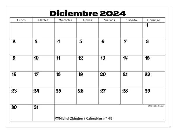 Calendario para imprimir n° 49, diciembre de 2024