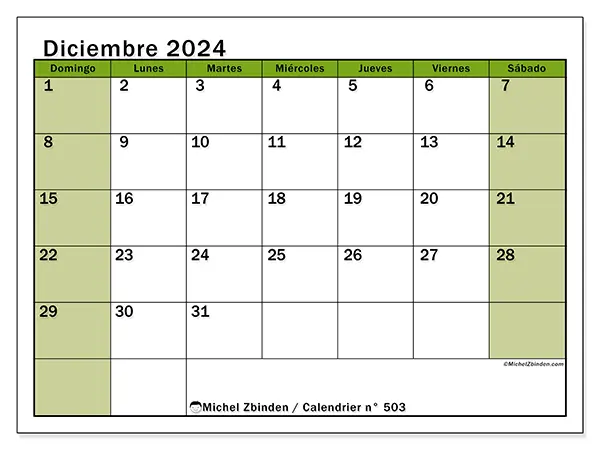 Calendario para imprimir n° 503, diciembre de 2024
