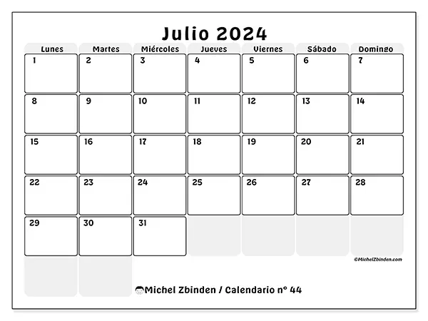 Calendario para imprimir n° 44, julio de 2024