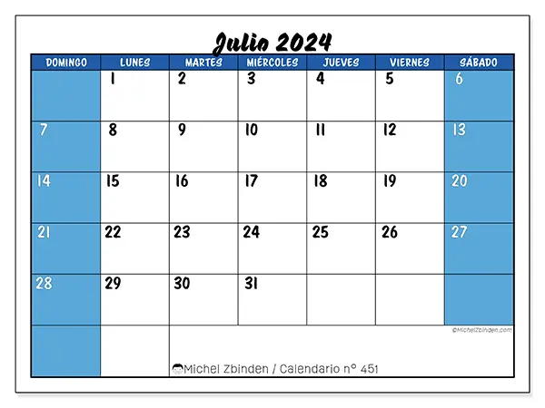 Calendario para imprimir n° 451, julio de 2024