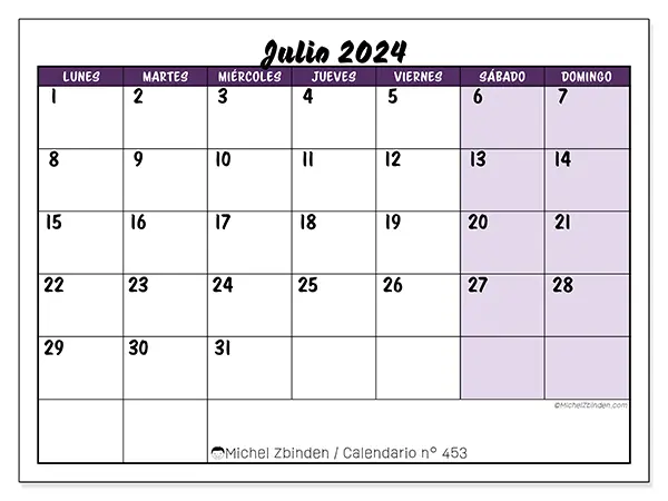 Calendario para imprimir n° 453, julio de 2024