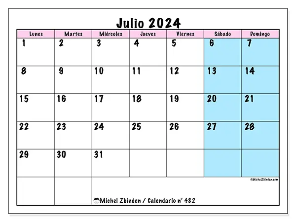 Calendario para imprimir n° 482, julio de 2024