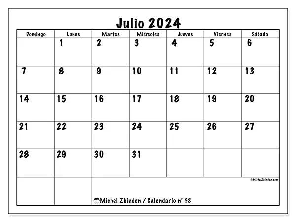 Calendario para imprimir n° 48, julio de 2024