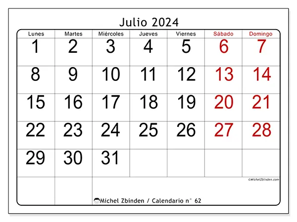 Calendario para imprimir n° 62, julio de 2024