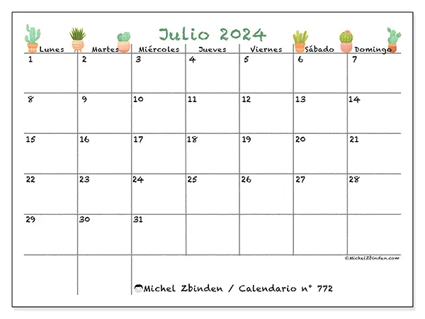 Calendario para imprimir n° 772, julio de 2024