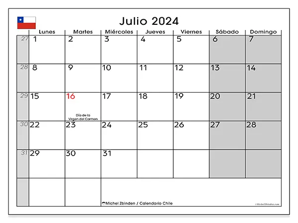 Calendario Chile para imprimir gratis de julio de 2024. Semana: De lunes a domingo.