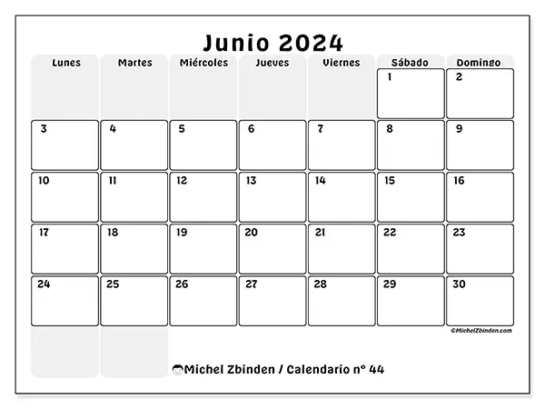 Calendario para imprimir n° 44, junio de 2024