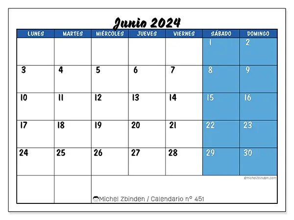 Calendario para imprimir n° 451, junio de 2024
