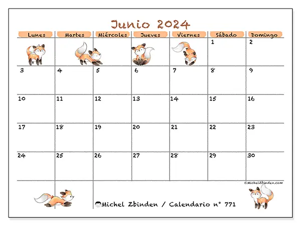 Calendario para imprimir n° 771, junio de 2024