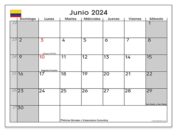 Calendario Colombia para imprimir gratis de junio de 2024. Semana: De domingo a sábado.